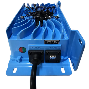 Blue Power House 48V 16A lithium battery charger with cooling fins, fan, and output ports.