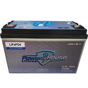 Power House Lithium 12V 105Ah cranking battery with emergency start button, black casing, and blue logo.