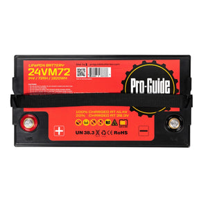 Black Pro-Guide 24V 72Ah LiFePO4 battery with red label, M8 terminals, and yellow Pro-Guide logo.