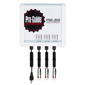 White Pro-Guide PGC-310 3-bank multi-chemistry battery charger with black cables and red/black terminals.