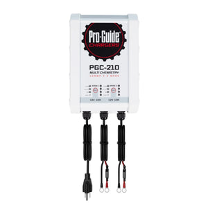White Pro-Guide PGC-210 2-bank multi-chemistry battery charger with black cables and ring terminals.