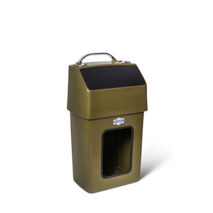Olive green RPD 1019 center console for Jon boat with stainless steel grab handle and cup holders.