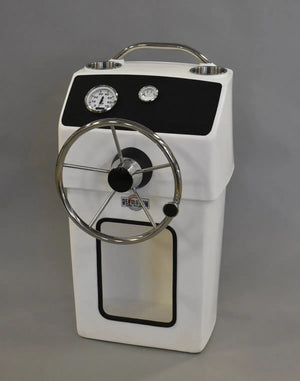 White RPD 1019 center console for Jon boat with stainless steel wheel, gauges, cup holders, and grab handle.