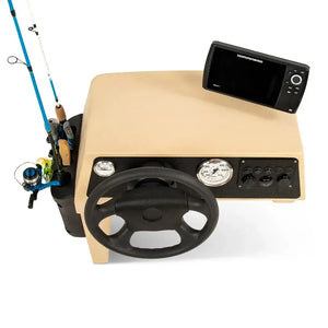 Tan RPD 1422 side console kit for Jon boats with black steering wheel, gauges, and fish finder.