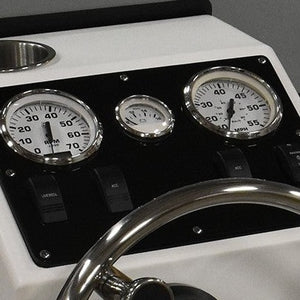 White RPD 1719 console for Jon boat with black dash, chrome gauges, and steering wheel.