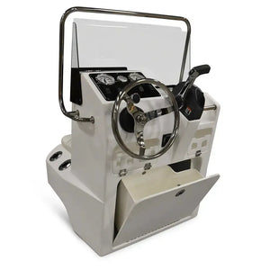 White RPD 1719 console for Jon boat with windshield, grab rail, steering wheel, and open storage hatch.