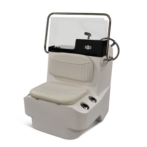 White RPD 1719 console for Jon boat with clear windshield, stainless grab rail, and cushioned seat.