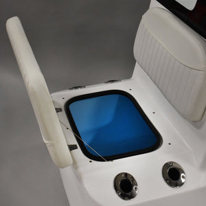 White RPD 1719 console for Jon boat with open blue bait tank, white upholstered seat, and two rod holders.
