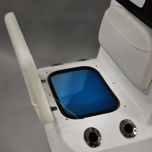 White RPD 1719 console for Jon boat with open blue bait tank, white upholstered seat, and two rod holders.