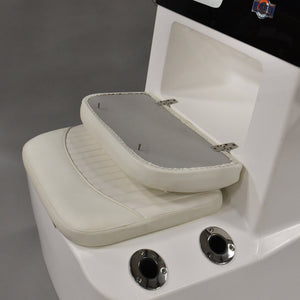 White RPD 1719 console for Jon boat with hinged seat cushions and two stainless steel cup holders.