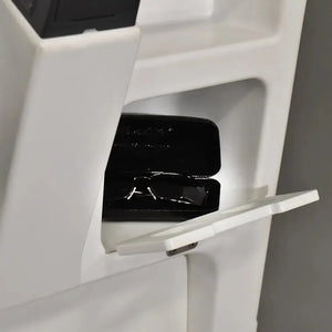 White RPD 1719 console for Jon boat with open storage hatch revealing a black glasses case.