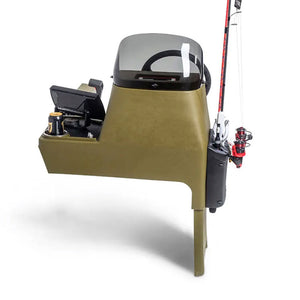 Olive green RPD 1822 side console kit for Jon boat with windshield, steering wheel, cup holders, and fishing rod holders.