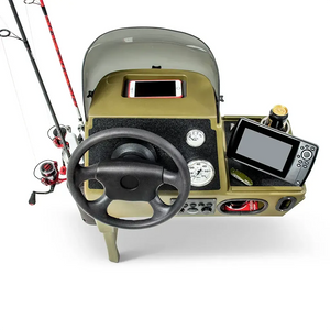 Olive green RPD 1822 side console kit for Jon boat with steering wheel, gauges, phone pocket, and fishing gear.