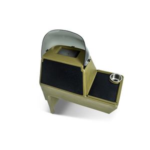 Olive green RPD 1822 side console kit for Jon boat with dark windshield, black textured panels, and cup holder.