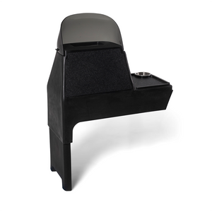 Black RPD 1822 side console kit for Jon boat with dark windshield, cup holder, and textured storage.