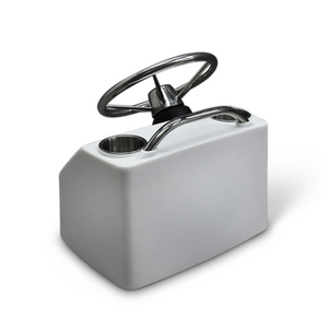 White RPD 519 rotationally molded polyethylene console for Jon boats, with chrome steering wheel and cup holder.