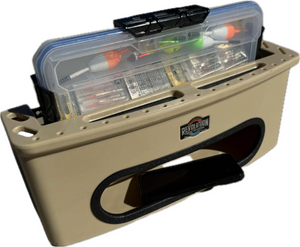 Tan marine-grade vertical tackle storage tray holding a clear tackle box, phone, and tools.