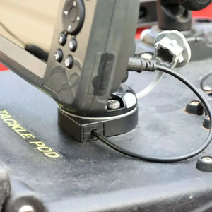 Black Railblaza E Series Cable Entry Port Base with a cable connected to a fish finder on a "TACKLE POD".