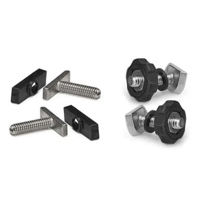 Railblaza TracMount hardware: two black plastic track nuts and two stainless steel bolts with black knobs.