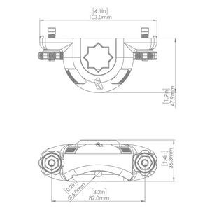 Technical drawing of the Railblaza Trackloader Sideport, showing top and front views with dimensions in inches and millimeters.