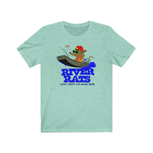 Light blue cotton tee with a cartoon rat fishing from a "Jon Yacht" boat and "RIVER RATS" text.