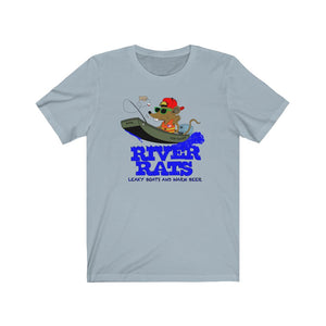 Light blue cotton tee with "River Rats Leaky Boats and Warm Beer" text and a rat fishing from a boat graphic.