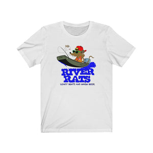 White cotton t-shirt with a cartoon rat fishing from a "JOB YACHT" boat, "RIVER RATS" and "LEAKY BOATS AND WARM BEER" text.