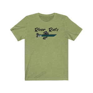 River Rat OG olive green short sleeve t-shirt with a rat in a boat graphic.