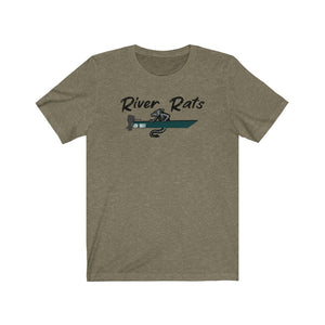 Olive green "River Rats" t-shirt with a rat rowing a boat design.