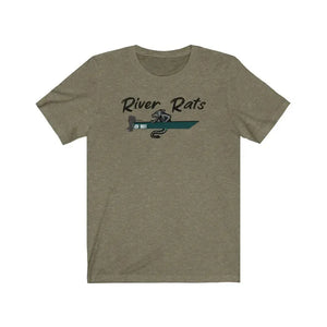 Olive green "River Rats" t-shirt with a rat rowing a boat design.