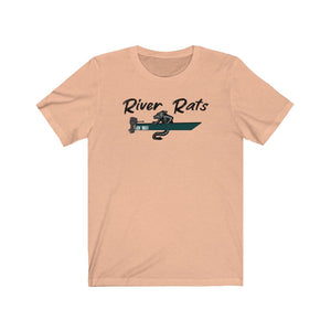 Peach "River Rats" t-shirt with a dark green boat and rat design.