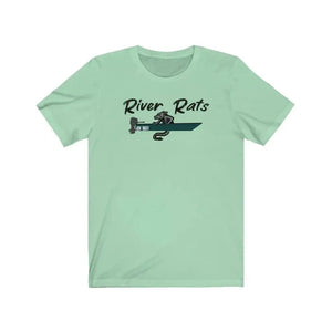 Light green "River Rats" t-shirt with a rat in a boat design.