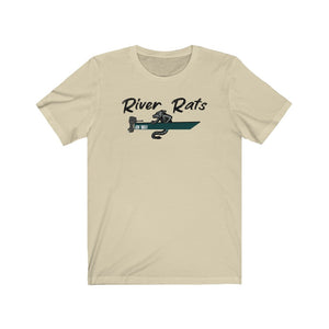 Light beige "River Rats" t-shirt with a black and teal jon boat graphic.