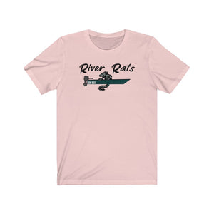 Light pink cotton t-shirt with "River Rats" text and a rat in a jon boat design.