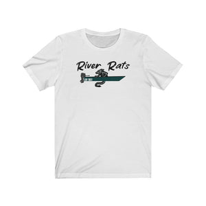 White cotton "River Rats" tee with a rat in a green boat design.
