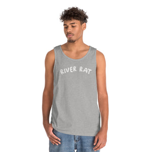 Young man wearing a gray cotton "River Rat" tank top with white text and blue jeans.