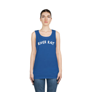 Woman wearing a blue cotton "River Rat" tank top with white text and classic fit.