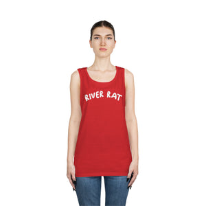 Woman wearing a red cotton "River Rat" tank top with white text and classic fit.