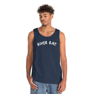 Navy blue 100% cotton "River Rat" classic fit tank top on a male model.