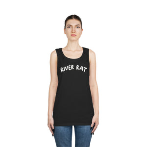 Black cotton "River Rat" tank top on a woman, classic fit.