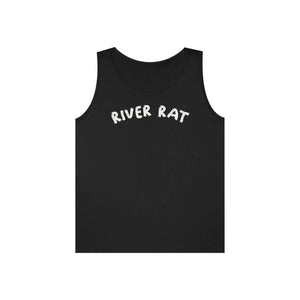 Black 100% cotton "River Rat" tank top with white text, classic fit.