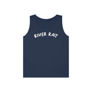 Navy blue cotton "River Rat" tank top with white text.