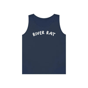 Navy blue cotton "River Rat" tank top with white text.