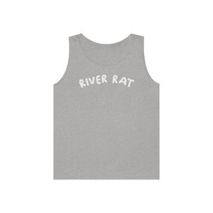 Gray cotton "River Rat" classic fit tank top with white text.