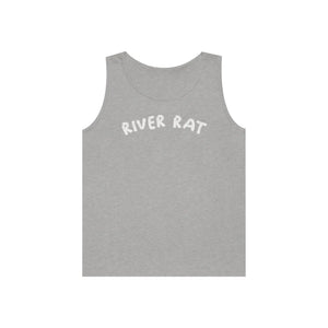Gray cotton "River Rat" classic fit tank top with white text.