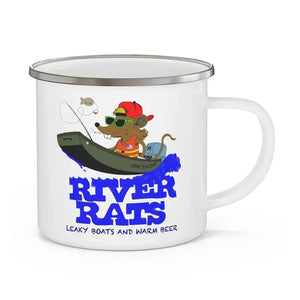 White 12oz enamel mug with a cartoon rat in a boat fishing, "River Rats" in blue text.