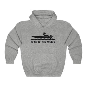 Gray "SEND IT JON BOATS" hooded sweatshirt with black boat graphic, kangaroo pocket, and drawstring hood.