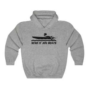 Gray "SEND IT JON BOATS" hooded sweatshirt with black boat graphic, kangaroo pocket, and drawstring hood.