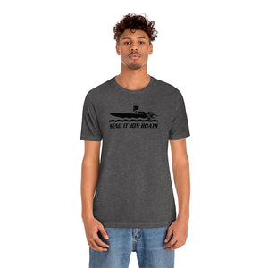 Man wearing a charcoal gray short sleeve tee with "SEND IT JON BOATS" graphic.