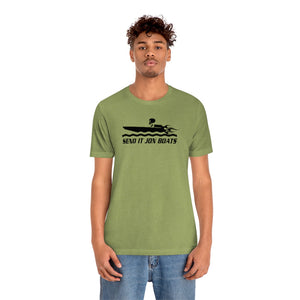 Man in a light olive green "SEND IT JON BOATS" short sleeve tee with a black boat graphic.